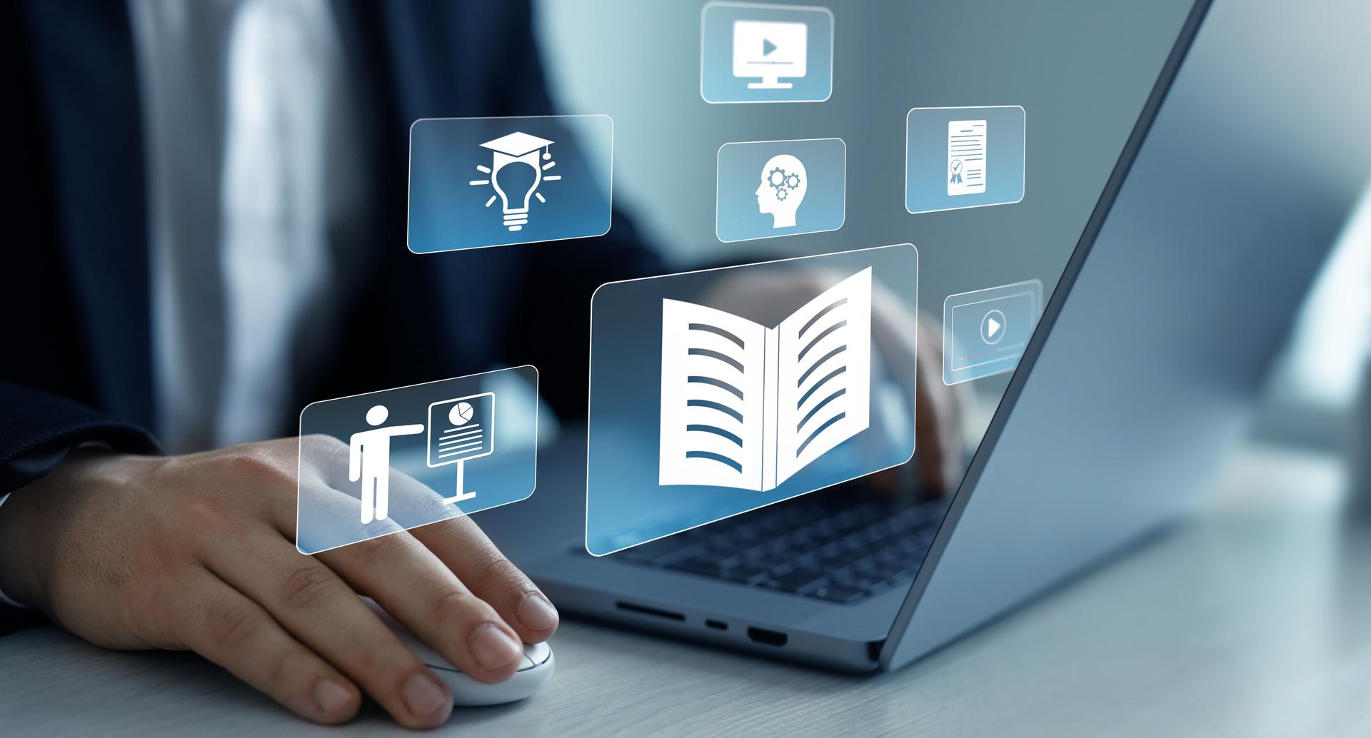 Business person who attends online lessons on a digital technology screen.E-learning education.Digital internet lessons and online webinar on virtual screen. Education internet Technology.