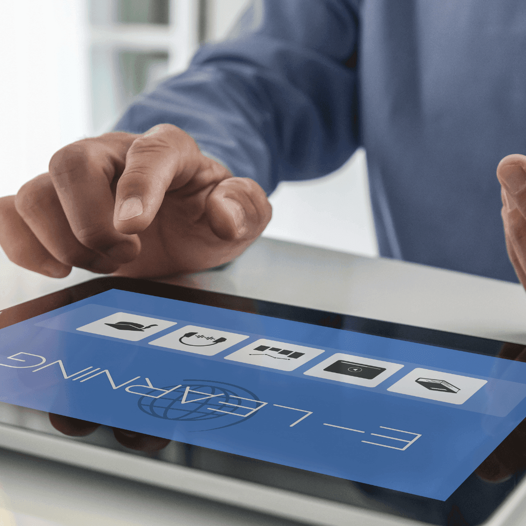 Studying on a tablet with interactive e-learning.